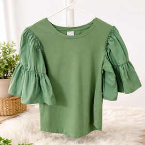 Chico's Sage Green Puff Sleeve Ruffle Top Size S (0) Casual Cottagecore Blouse